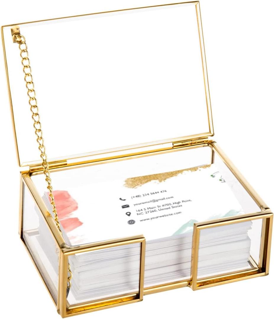 Feyarl Clear Gold Glass Business Card Box with Lid Name Card Display Organizer Container Collection Storage for Office Desktop Counter Top Meeting