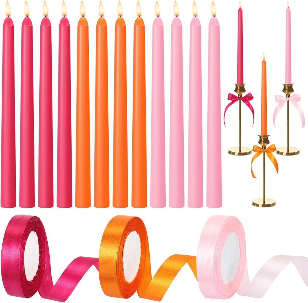 12 Pcs Pink and Orange Party Taper Candles with 3 Roll Ribbon 10 Inch Candle, Candlestick Decor for Baby Shower, Home, Thanksgiving, Wedding, Fall, Valentine's Day Dinner Party Decor