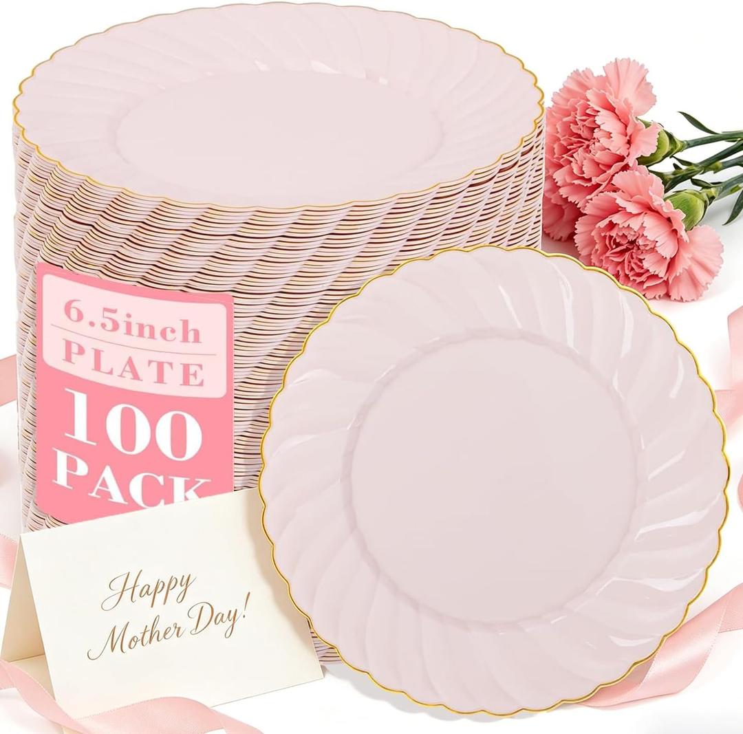 YOUBET 100 Pack Pink Scalloped Plastic Plates - 6.5 Inch Pink Disposable Plates - High End Elegant Vintage Dessert Plate for Party & Weeding & Birthday Mothers Day