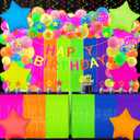 Glow in The Dark Party Supplies Kit - Neon Birthday Decorations with Balloon Garland Arch, Fluorescent Tinsel Curtains, Star Swirls, Cake Toppers & Table Skirt (100+ Pieces)
