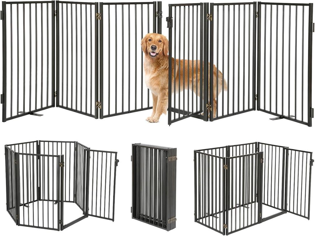 Metal Freestanding Dog Gates with Door for Outdoor Indoor,120'' Extra Wide 24'' Tall Free Standing Dog Gate for Doorways, Large Openings, Deck, Yard, Porch, Foldable Safety Pet Fence (Black, 6 Panels)