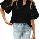 BTFBM Womens Blouses Summer Hollow Out Eyelet Embroidery Tops V Neck Buttons Puff Sleeve Boho Shirts Spring Fashion 2026 (Black, XL)