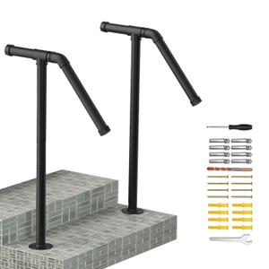 Outdoor Stair Railing Handrails for Outdoor Steps Sturdy Single Post Wrought Iron Handrail Set of 2, Black Stylish Porch Railing for Concrete Steps or Wooden Stairs, Fit 1 or 2 Steps