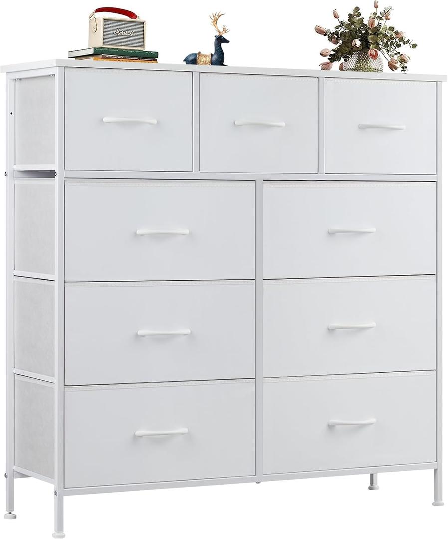 OLIXIS Dresser for Bedroom, 9 Storage Drawers, Wide Fabric Closet Chests Organizer Tower Furniture, TV Stand with Wooden Top Metal Frame for Clothes, Living Room, Hallway, Entryway, Classic White