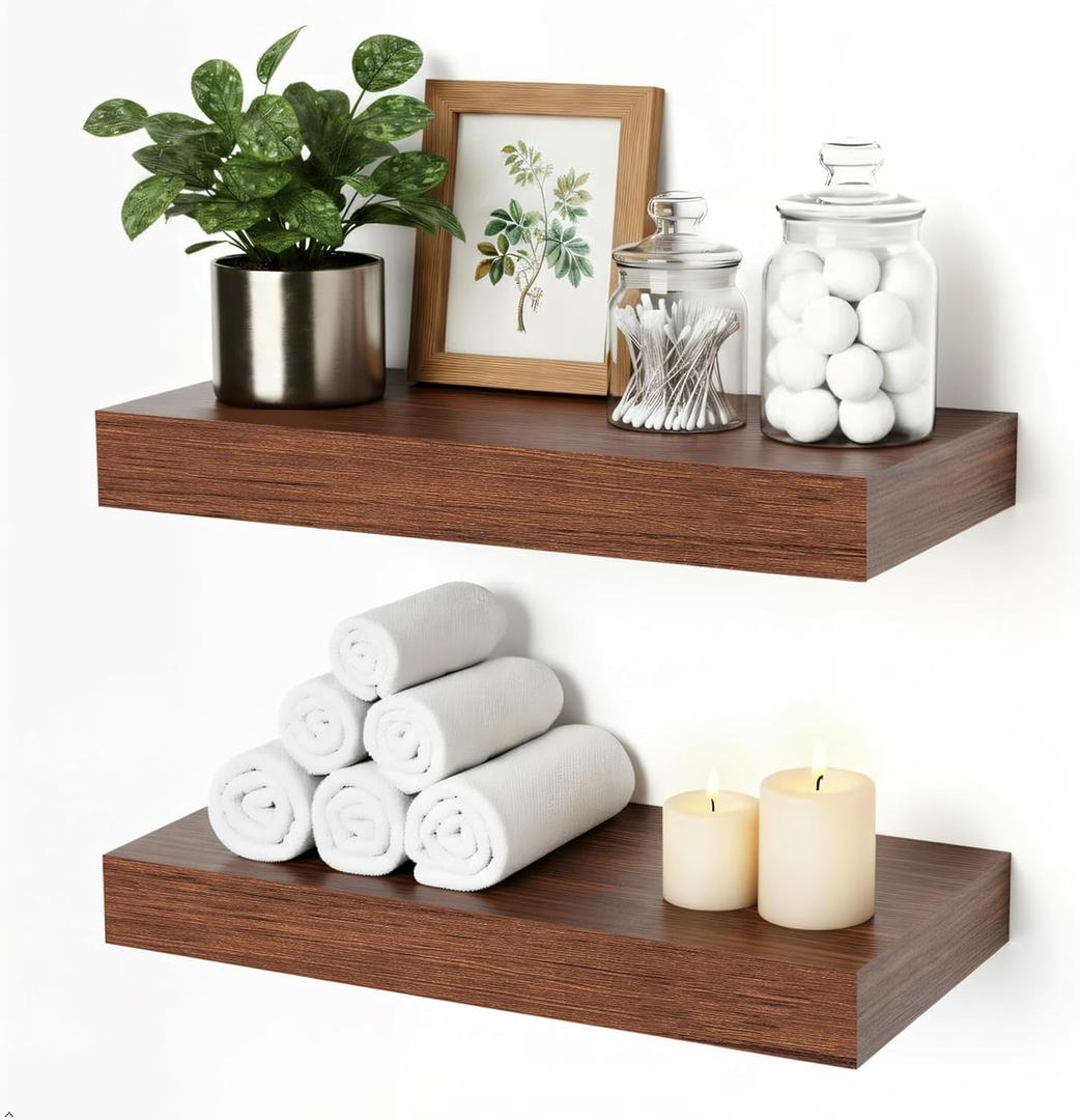 Floating Shelves for Wall, Bathroom Shelves Over Toilet, Wall Shelves & Book Shelf, Hanging Shelf, Modern Wooden Wall-Mounted Small Floating Shelves, 12x7x1.5 in (Walnut-Like, Set of 2)