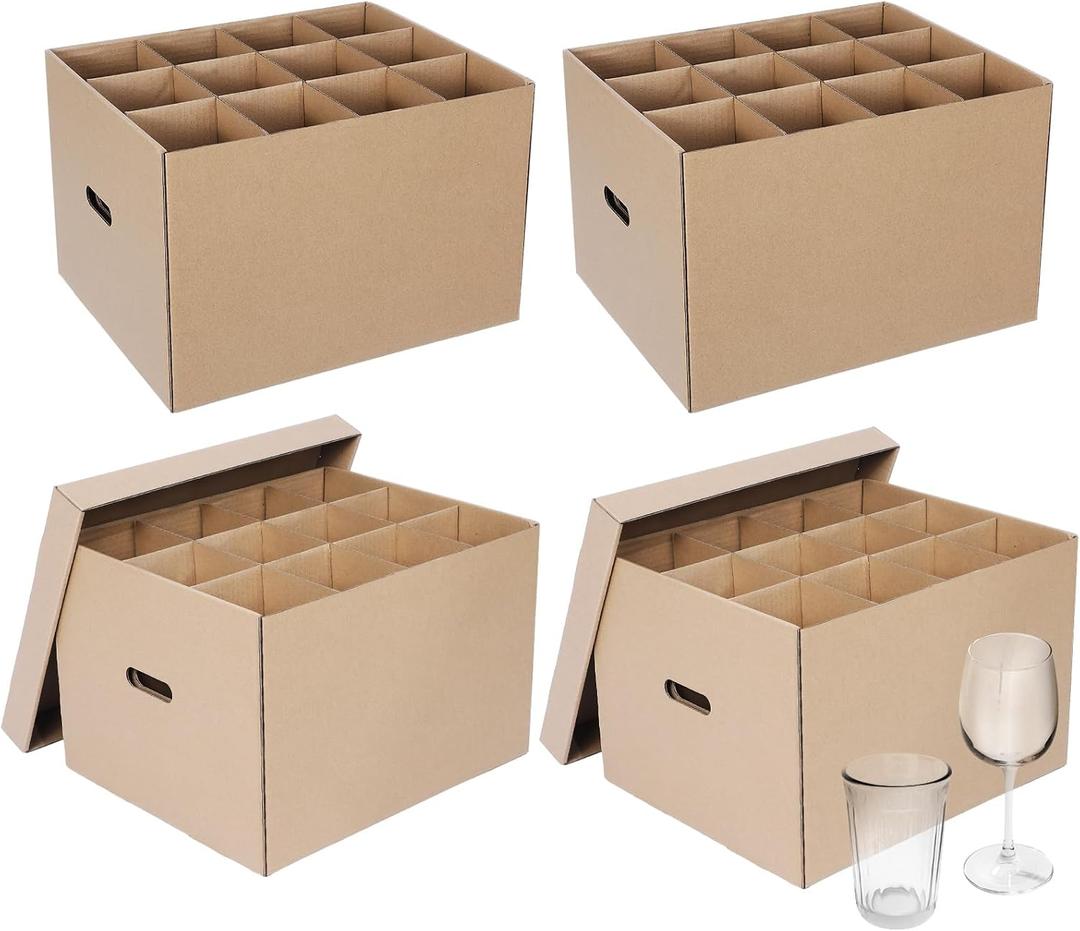 Feifeiya 4 Pack Wine Glass Moving Boxes Kitchen Moving Boxes with Handle Kitchen Kit with Lid for Dish Glassware(Brown,15 x 12 x 10 Inches)