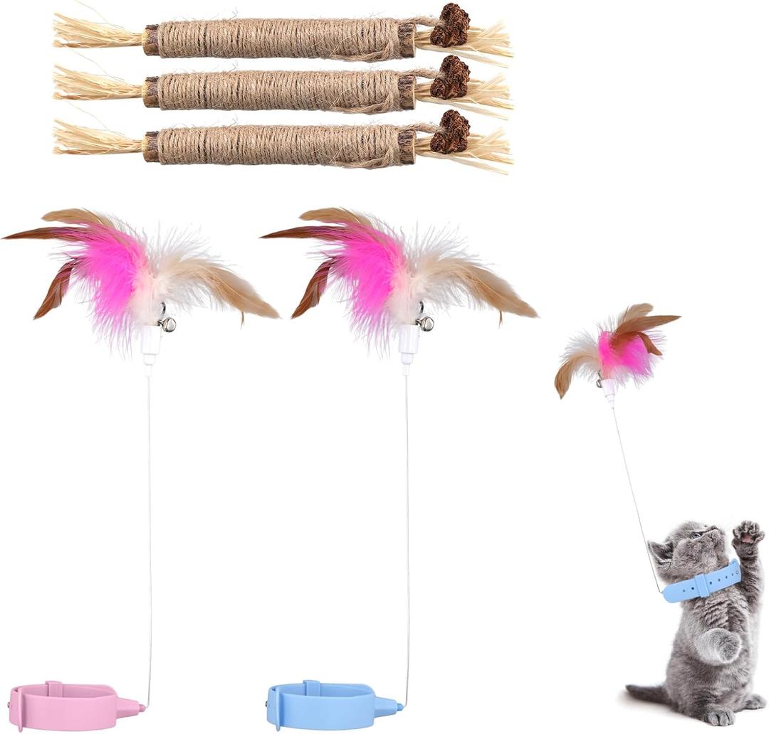 2pcs Silicone Collar Cat Toys & 3pcs Cat Teasing Wands, Adjustable Cat Wand Toy Cat Feather Toys Catnip Chew Toys Silvervine Sticks Interactive Cat Teaser Toys for Indoor Cat Kitten Exercise