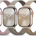 3 Pack Slim Metal Loop Compatible with Apple Watch Band 42mm 41mm 40mm 38mm 46mm 45mm 44mm 49mm Women Men, Thin Stainless Steel Magnetic Strap for iWatch Bands Series 11 10 9 8 SE 7 6 5 4 3 Ultra (Rose Pink/Natural/Official Gold)