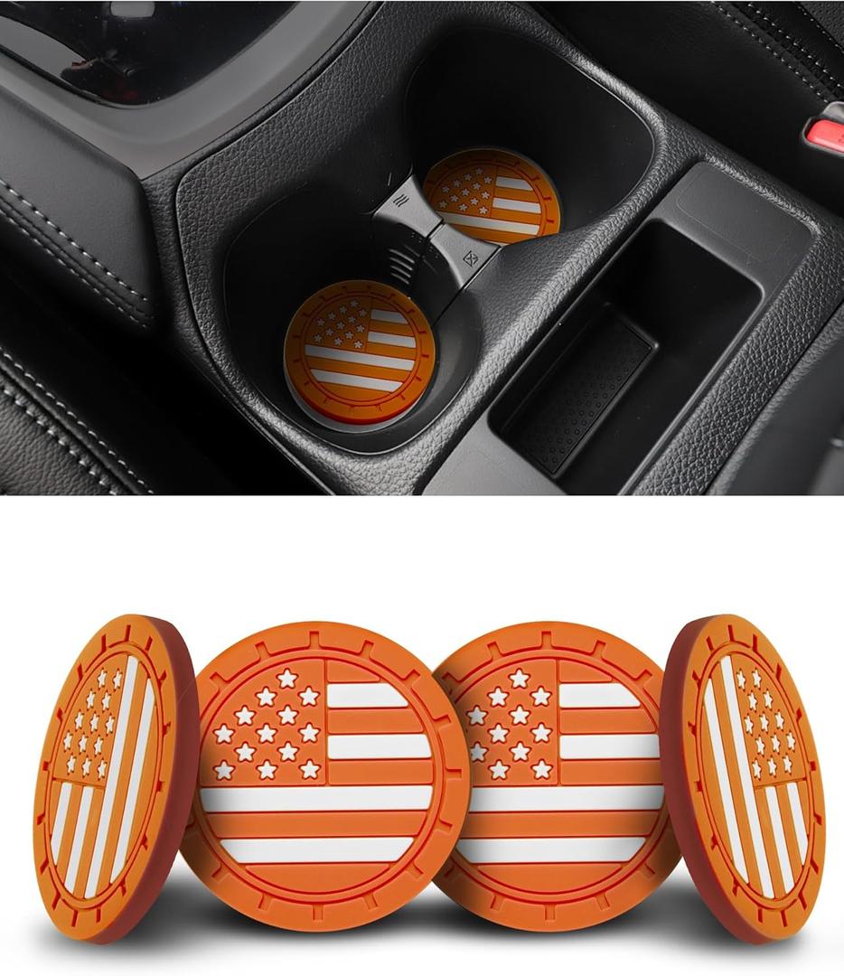 2 x 4 Pack Car Cup Coasters, Universal American Flag Non-Slip Silicone Cup Holder Inserts, Car Interior Accessories, Orange
