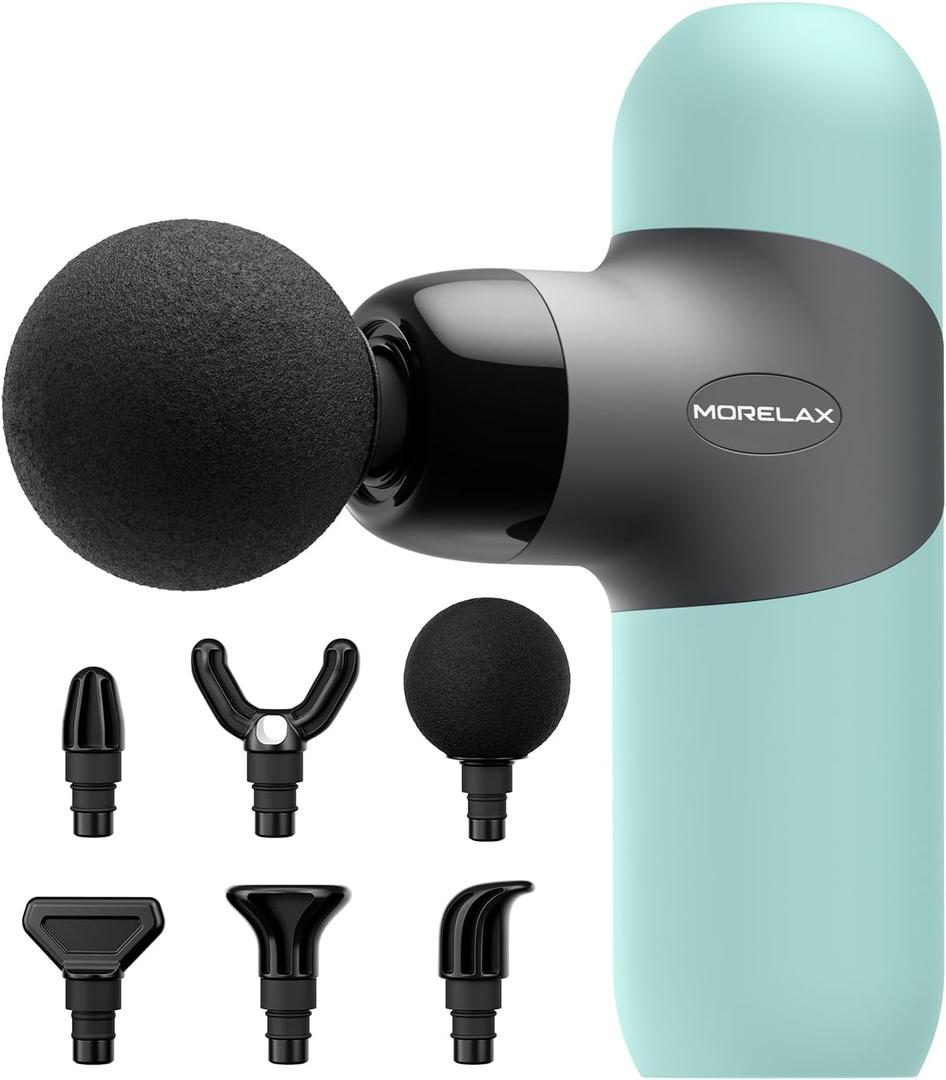 Morelax Mini Massage Gun Portable Deep Tissue Muscle Percussion Massager, Electric Handheld Sport Massager with 6 Massage Heads 4 Speed, Best Gift (Blue) (Mint)