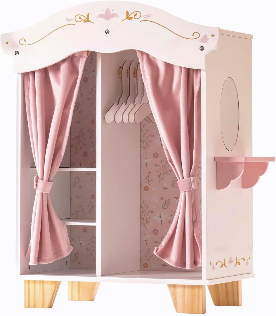 ROBUD Wooden Play Armoire Closet for Dolls, Doll Closet Furniture Wardrobe with 5 Hangers, Mirror, Velvet Curtains, Fits 1620 Inch Dolls & Doll Clothes, Gift for Boys & Girls Ages 3+, Small