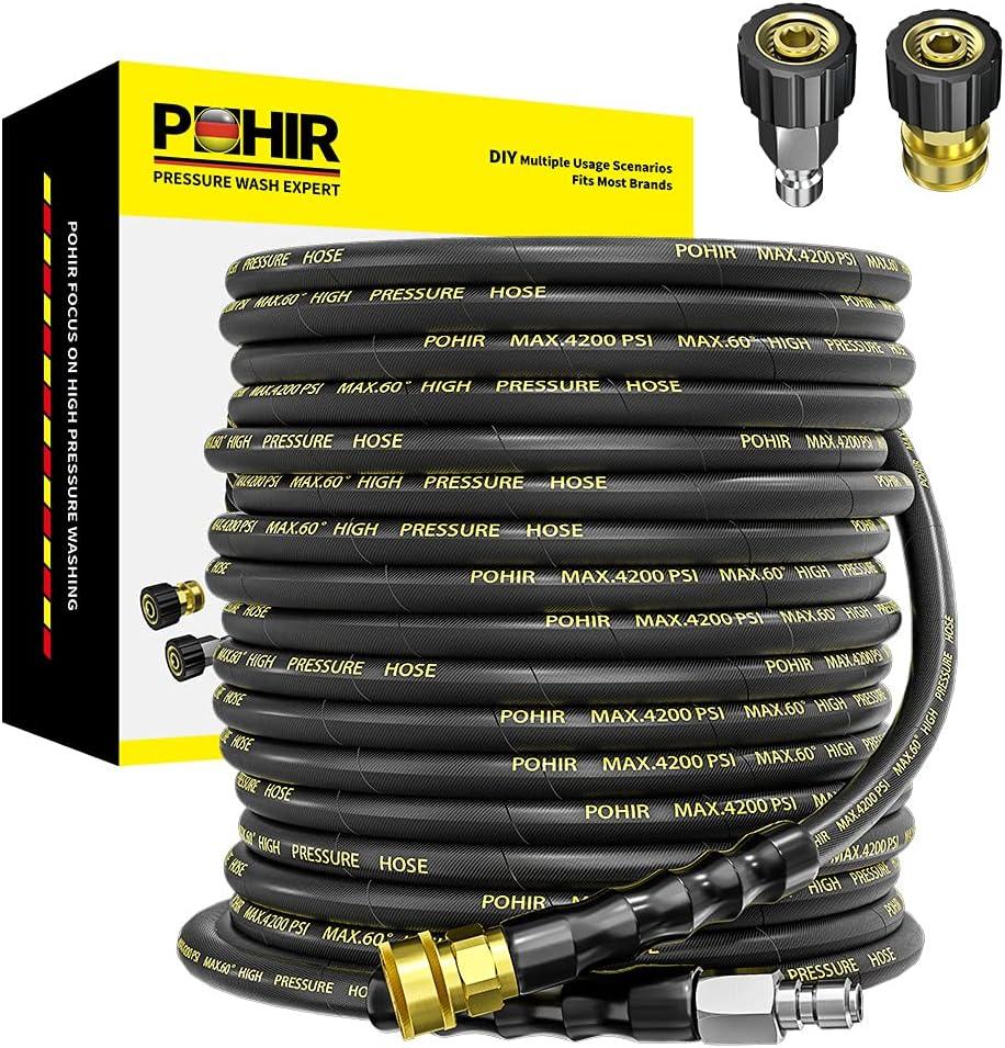 POHIR Pressure Washer Hose 70ft with 3/8" Quick Connector, High Tensile Wire Braided Kink Resistant 1/4 Inch Power Washer Hose 4200 PSI, 2pcs M22 14mm to 3/8" Adapter Set, Multi-Scene Use
