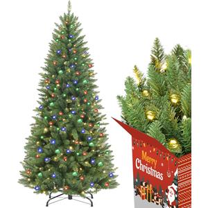Christmas Tree with Slim Design,Prelit Christmas Tree with 710 Realistic Branch Tips and White Tree Skirt,Artificial Christmas Tree with Light,Easy to Set, 6ft Pencil Christmas Tree