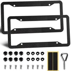 OLLEN Aluminum License Plate Frames for Front & Rear, 2 Pack Heavy Duty Car Tag Holder Protector, with Mount Hardware, Screws Caps, 8 Rattle Proof Pads, Screwdriver, Carbon Fiber Pattern