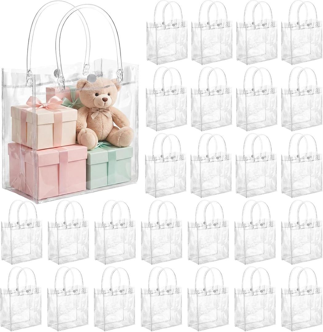 Saintrygo 50 Pcs Clear Plastic Gift Bags with Handles PVC Reusable Party Favour Plastic Gift Bag Transparent Goodie Bag Bulk for Gifts Wedding Birthday Graduation Mother's Day(5.9 x 6.3 x 2.8 Inches)