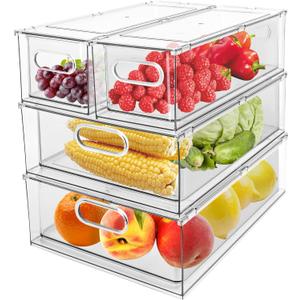 4 Pack Refrigerator Organizer Bins with Pull-out Drawer Stackable Clear Fridge Drawer Organizer Fruit Vegetable Storage Containers for Kitchen Pantry Organization (2 Large+2 Small)