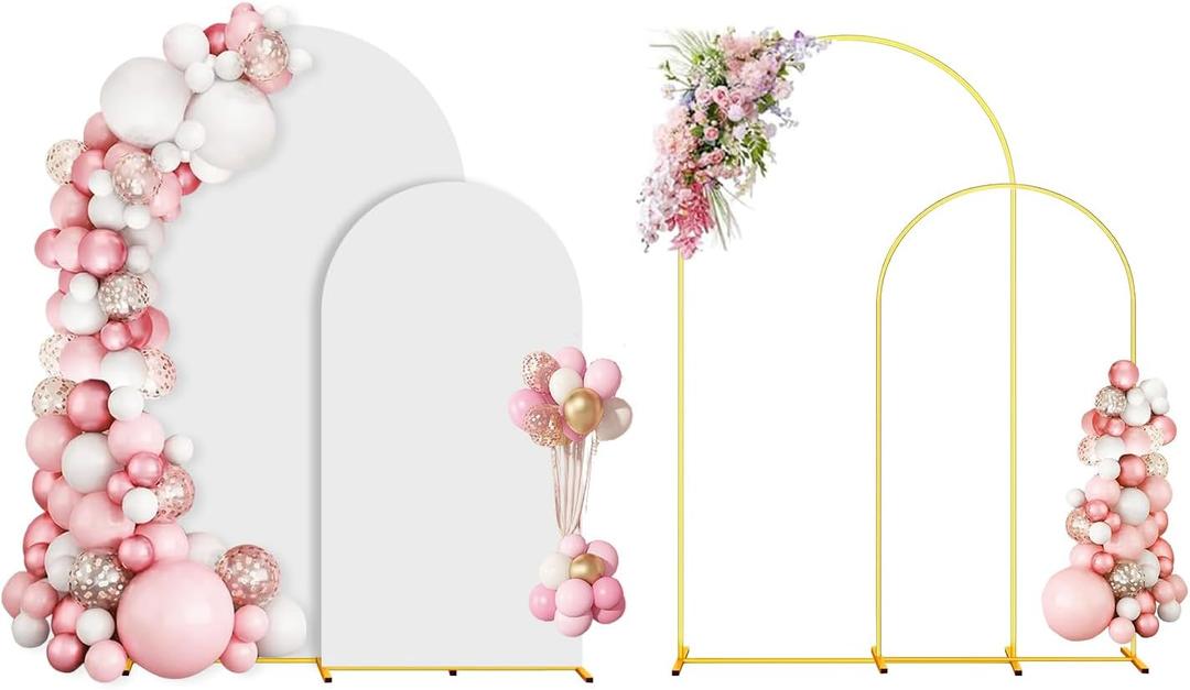 Metal Arch Backdrop Stand With Cover, 7.2FT+6FT Wedding Arch Frame, 3 Pack Arch Stand And Cover Set, Backdrop Arch Stand for Wedding Birthday Party Baby Shower Graduation Ceremony Decor