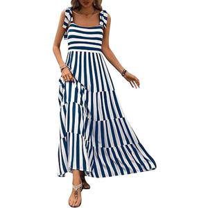 Womens 2024 Summer Sleeveless Spaghetti Strap Long Floral Maxi Dress Boho Flowy Striped Dress A Line Beach Sundresses (S)