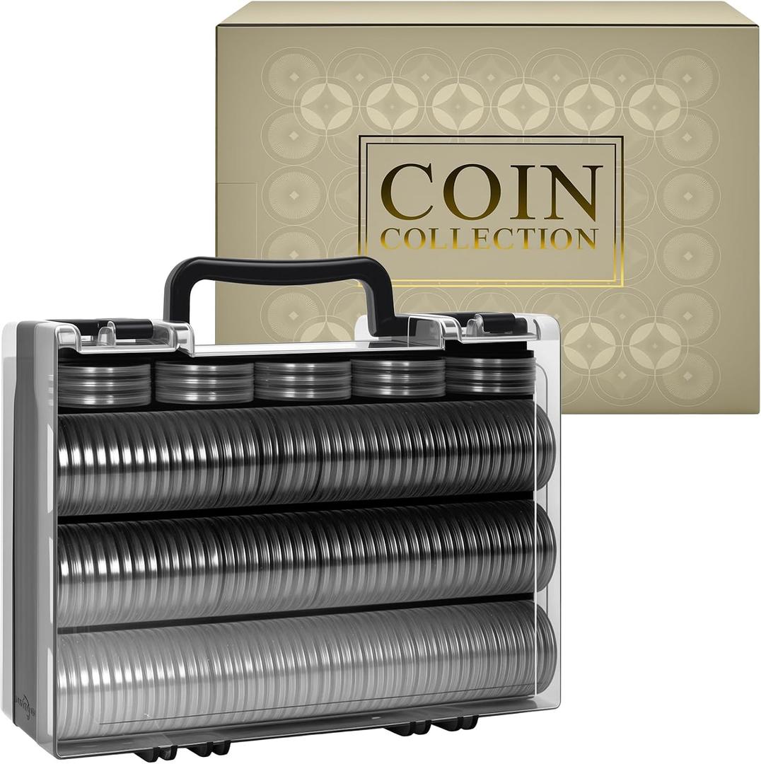 Coin Collector Case with 141 pcs Capsules with Foam Gaskets & 220 Dollar Bill Sleeve-Coin Collection Supplies Storage Organizer Box for Secure Coin and Paper Money Display(Black case+Black Gasket)