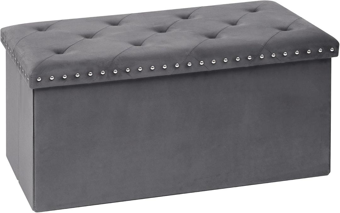 B FSOBEIIALEO Storage Ottoman Bench, 30" Velvet Ottoman with Storage, Grey, 30"D x 15"W x 15"H