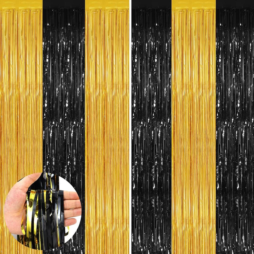 Black Gold 2 Pack Metallic Tinsel Foil Fringe Curtains, 3.3x8.3 Feet Black Gold Streamers for Party, Door Streamers Party Decorations, Party Streamers for Birthday Christmas Party Decorations