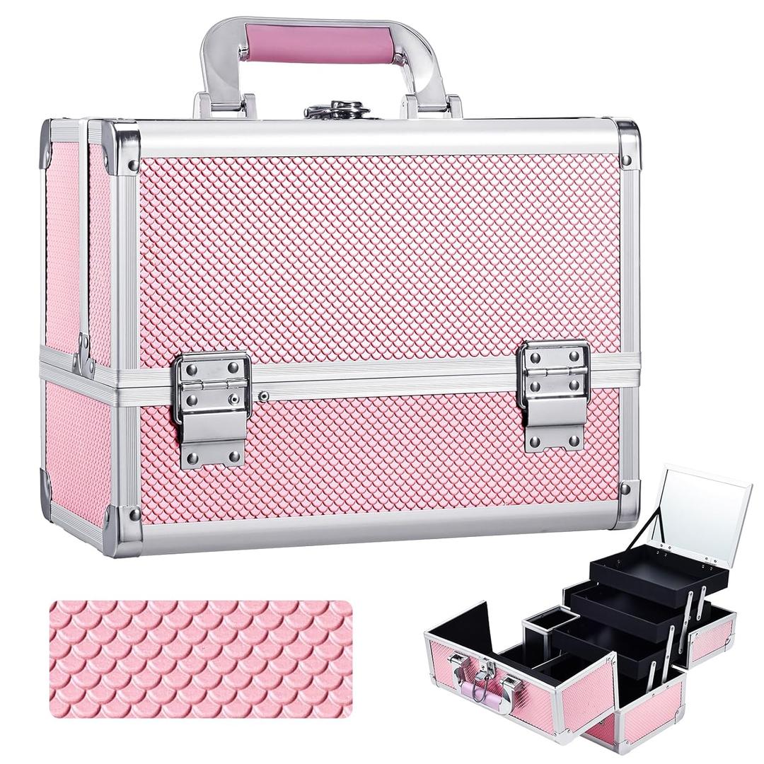 Joligrace Makeup Train Case Cosmetic Box 11.8 Inches Jewelry Organizer Professional 3 Tiers Trays with Mirror and Brush Holder Lockable Key Portable Travel Mermaid Pink