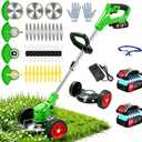 Electric Weed Wacker Battery Powered Weed Eater, 21V Cordless String Trimmer Battery Operated with Wheels & Metal Blades, Lightweight 4 in 1 Grass Trimmer/Brush Cutter/Lawn Edger/Mower for Garden Yard
