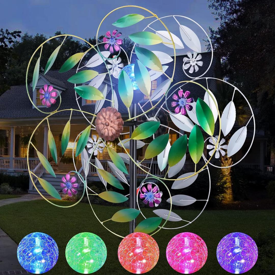 Solar Wind Spinner Metal Garden Decor, Wind Spinners Outdoor Clearance, Multi Color Changing LED Solar Powered Glass Ball Kinetic Wind Sculptures Windmills for Yard Patio Outdoor Decoration (6.5 ft)