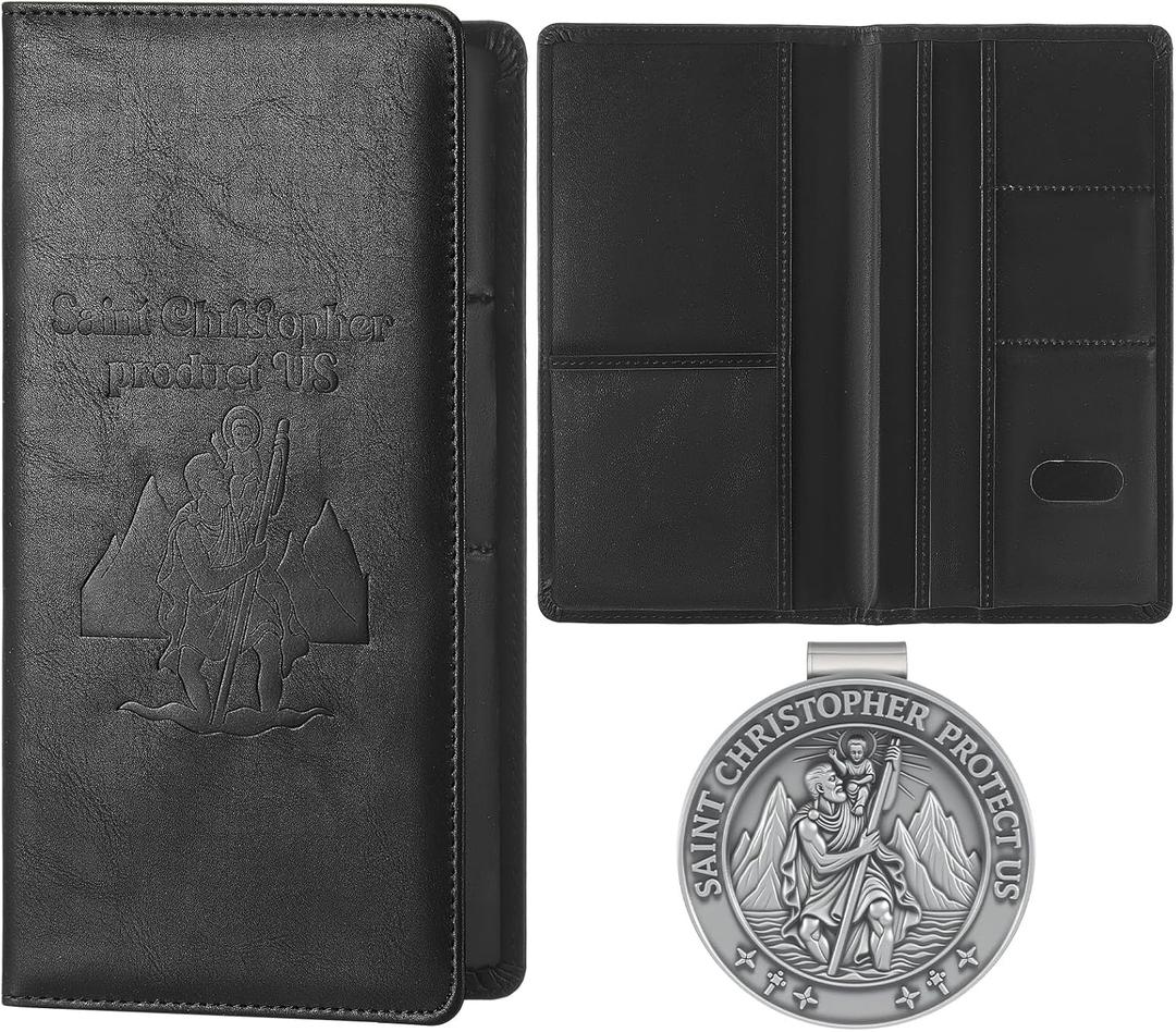Christmas Car Registration and Insurance Card Holder Christmas Gift for Driver Include 1pcs Saint Christopher Medal, 1pcs Leather Vehicle Insurance Wallet Interior Car Accessories License