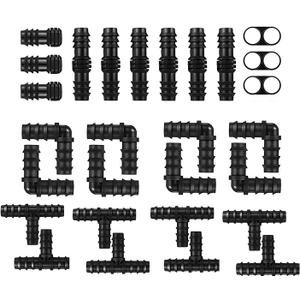 100Pcs Drip Irrigation Connectors Fittings Kit for 1/2 Inch Tubing, Including 30 Tees, 30 Couplings, 20 Elbows, 10 End Closures, 10 End Cap Plugs - Barbed Connectors Compatible Drip Sprinkler Systems