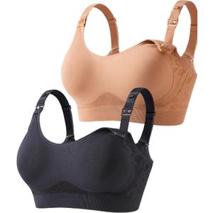 HOFISH Nursing Bras for Breastfeeding, TwinClips Wearable Pump Bra Fixed Pad, Adjustable Support Maternity Bra for Pregnancy (Medium, Nipple Pad-brown+darkblue)