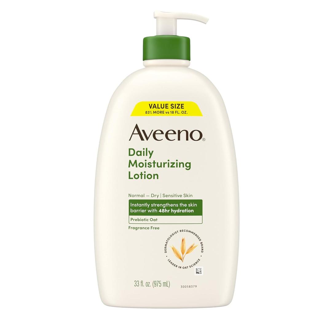 Aveeno Daily Moisturizing Body Lotion, Fragrance-Free Light & Creamy Lotion for Dry, Sensitive Skin With Prebiotic Oat Nourishes & Strengthens Skin's Moisture Barrier, Value Size, 33 fl oz