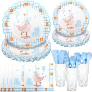 182 Pcs Blue One Silly Goose Party Tableware Set - For 26 Guests - Goose Theme Party Paper Plates And Napkins Kit - For Baby Shower Birthday Party Decorations
