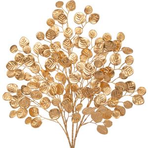 Hollyone 24.8 Christmas Tree Picks and Sprays 3Pcs Golden Artificial Eucalyptus Stems Eucalyptus Silver Dollar Leaves Branches Fake Gold Leaf Floral for Xmas Tree Garland Wreath Wedding Decor
