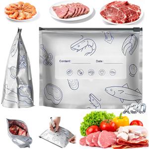 EMESAK Reusable Aluminum Foil Sealable Storage Bags, Leak Proof Stand Up Freezer Bags With Zipper Lock Label for Food Preservation Vegetables Fruit,Meat,Snacks,Bread,Seafood (30PCS, Medium) (Grey-large-30)