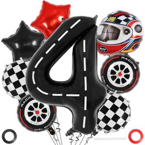 Race Car 4 Balloons, 40 Inch Racetrack Number 4 Balloon, Large Foil Mylar Racetrack Black 4 Balloon for 4 Year Old Birthday Race Car Themed Party Decoration