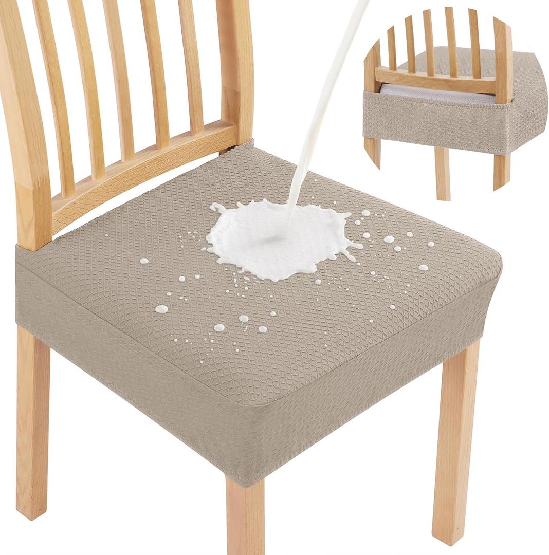 Smiry Waterproof Seat Covers for Dining Room Chairs Set of 6, Stretch Jacquard Removable Washable Chair Seat Slipcovers Protector, No Rear Covers, Taupe