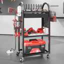 SOYEEZE Utility Cart with Charging Station and Drawer, 4 Tier Rolling Cart with Pegboard, Floor Tool Cart on Wheels, Heavy Duty Metal Garage Storage Rack with 8 Outlet Power Strip