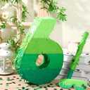 WinnerWhy Number Piata Decorations 16 Inch Gradient Green Piata with Blindfold Stick and Confetti for Birthday Baby Shower Safari Jungle Themed Party Supplies Centerpiece(Number 6)