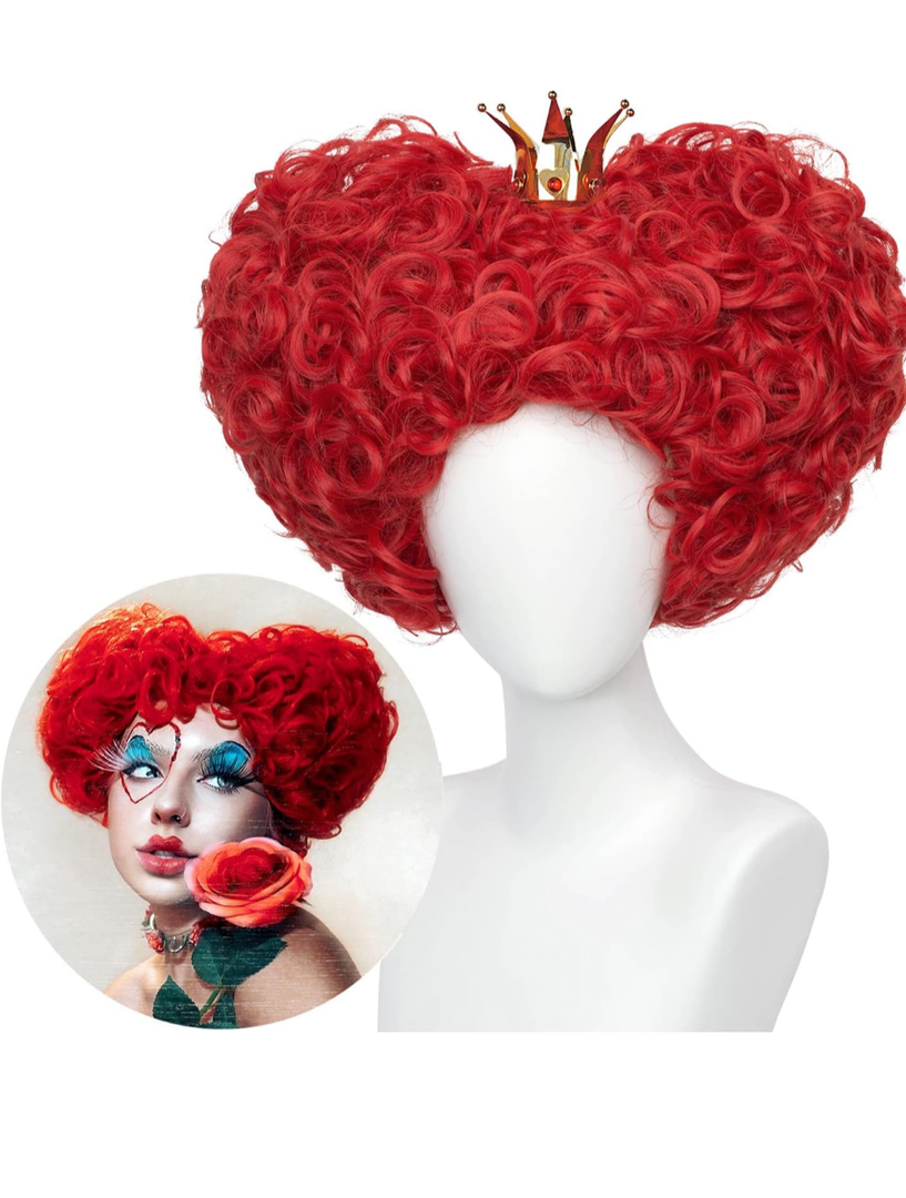 Red Heart Queen Wig Costume Women and Crown Cosplay Girls Pre-styled Fluffy Short Curly Halloween Anime Cosplay Party Wigs with Cap One Size