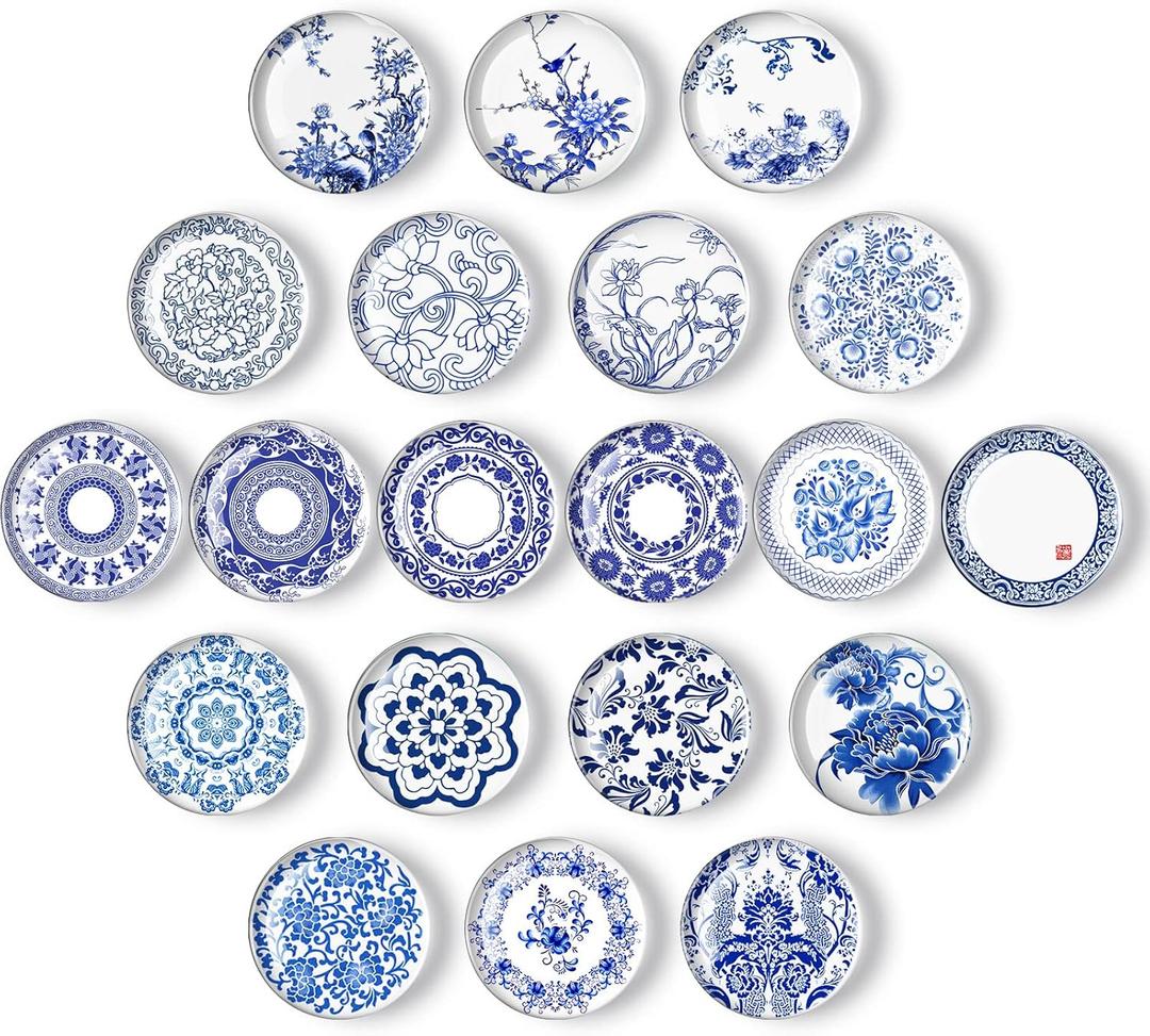 20 Pieces Glass Refrigerator Magnets Round Blue and White Porcelain Refrigerator Magnets for Fridge Whiteboard Office Locker Cabinet Dishwasher Decoration Gift