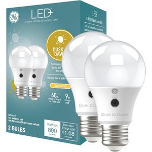 GE LED+ A19 Dusk to Dawn LED Light Bulb, Automatic On/Off Outdoor Security Light, Soft White (2 Pack)