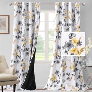 H.VERSAILTEX 100% Blackout Curtains 108 inch Length 2 Panels Set Cattleya Floral Printed Drapes Leah Floral Thermal Curtains for Bedroom with Black Liner Sound Proof Curtains, Grey and Yellow