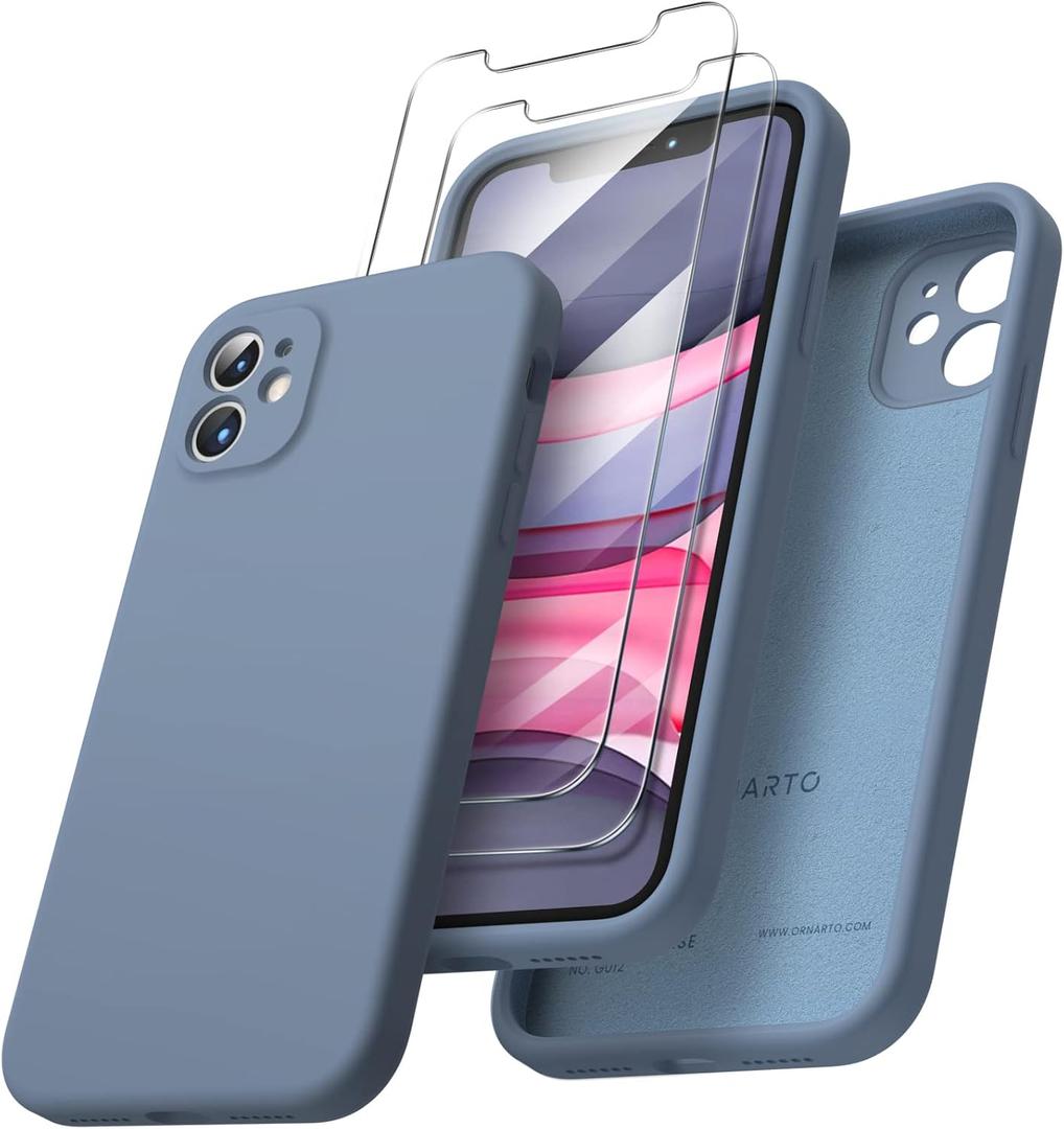 ORNARTO for iPhone 11 Phone Case 6.1 inch, Liquid Silicone Case with 2 Screen Protective, Shockproof and Soft Touch, Full Body for iPhone 11 Case-French Blue