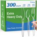 Dealusy 300 Count Extra Heavy Duty Clear Plastic Silverware, 100 Forks, 100 Spoons, 100 Knives, BPA-Free, Heat Resistant, Disposable Plastic Utensils Set, Plastic Cutlery Set, Plasticware Bulk