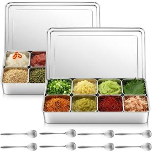 Boao 2 Sets 8 Compartment Yakumi Pans 304 Stainless Steel Seasoning Condiment Container with Lids Spoons, Japanese Yakumi Pans Mini Sauces Salad Dressings Storage for Food, Herbs, Spices
