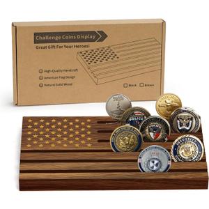 Samplife Challenge Coin Display Walnut , Solid Wood Military Coin Holder Rack for Collectors American Flag Style, Desk or Shelf Display (Natural Walnut, Medium)