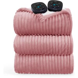 Bedsure GentleSoft Electric Blanket King Size - Soft Ribbed Flannel Heated Blanket with Dual Control, Heating with 10 Heat Settings, 10 Time Settings, 8 hrs Timer Auto Shut Off (90"x100", Pink)