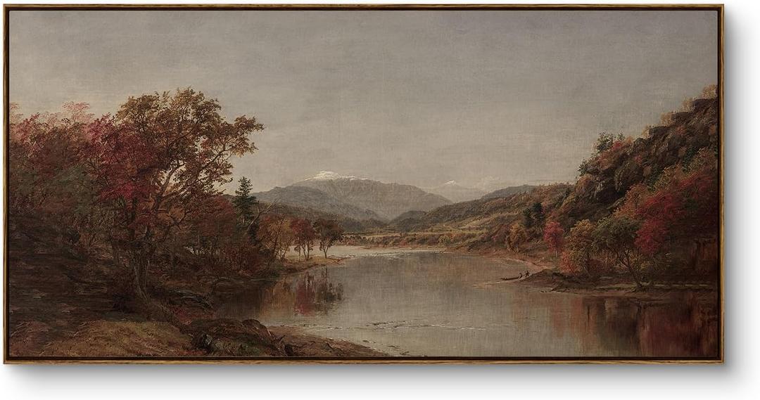 InSimSea Extra Large Framed Vintage Wall Art, Living Room Country Farmhouse Decor, Fall Nature Landscape Paintings, Canvas Prints, Retro Scenery Long Picture for Bedroom Above of Bed,24x48inch, River Mountain, 48"L x 24"W