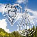 Jetec 2 Pcs Reflective Metal Wind Spinners 3D Stainless Steel Hanging Wind Spinners, Heart, Water Drop, Outdoor Garden Decor, Women Gifts, Bird Devices Deterrent for Outside Yard Patio Farm(Silver)